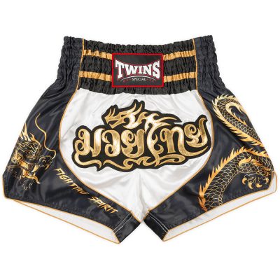 Twins white and black Dragon Muay Thjai shorts front view